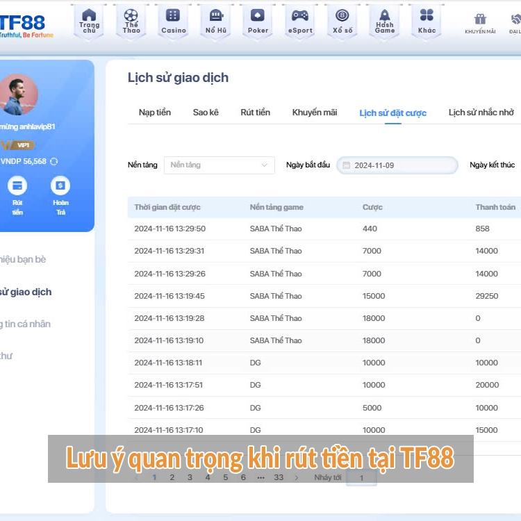 Lưu ý quan trọng khi rút tiền tại TF88